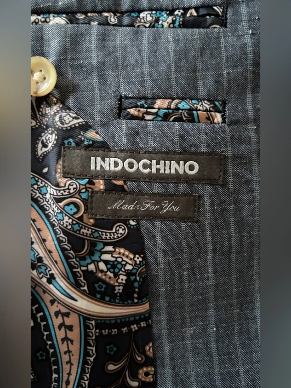 Indochino Made For You 42R Gray Pinstripe Wool Linen Silk Blazer Paisley Lined